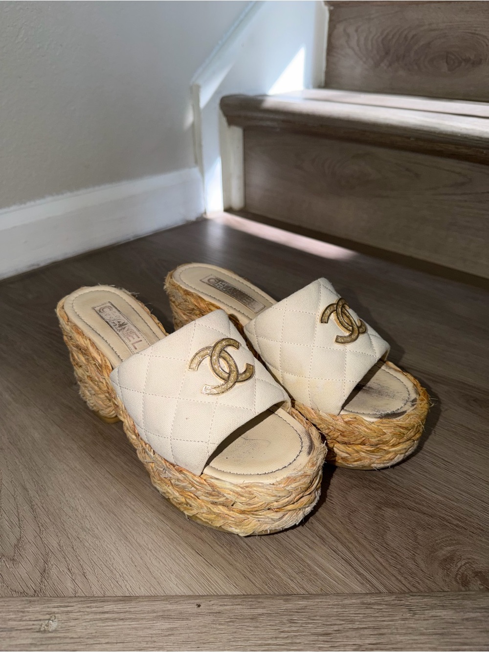 CHANEL Cream Quilted Espadrille Wedge Slide with Gold CC